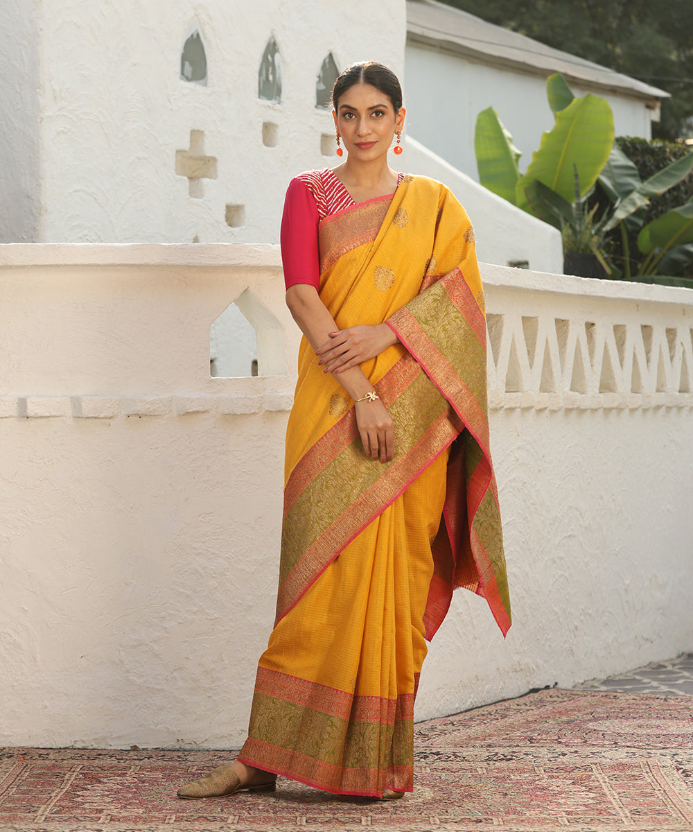 Yellow_Handloom_Dupion_Silk_Banarasi_Saree_With_Broad_Zari_Pink_Border_WeaverStory_02