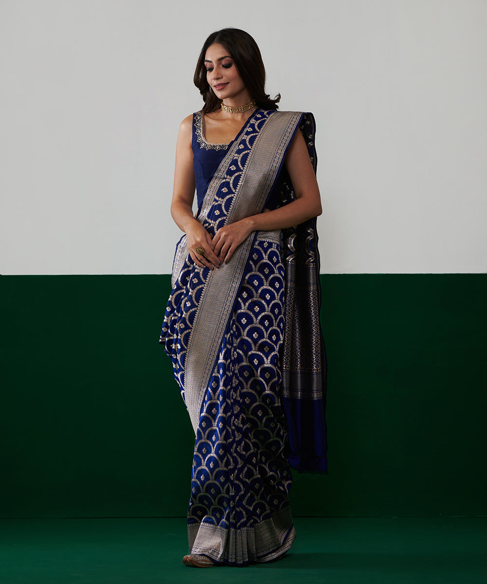 Handloom_Dark_Blue_Pure_Katan_Silk_Banarasi_Jangla_Saree_With_Cutwork_Weave_WeaverStory_02