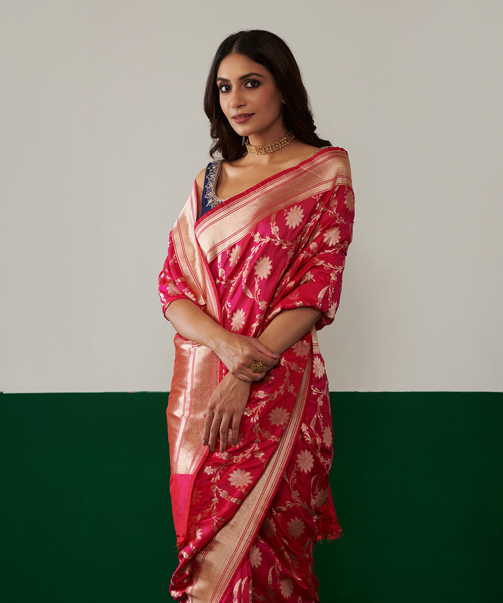 Hot_Pink_Handloom_Pure_Katan_Silk_Banarasi_Saree_With_All_Zari_Jaal_WeaverStory_01