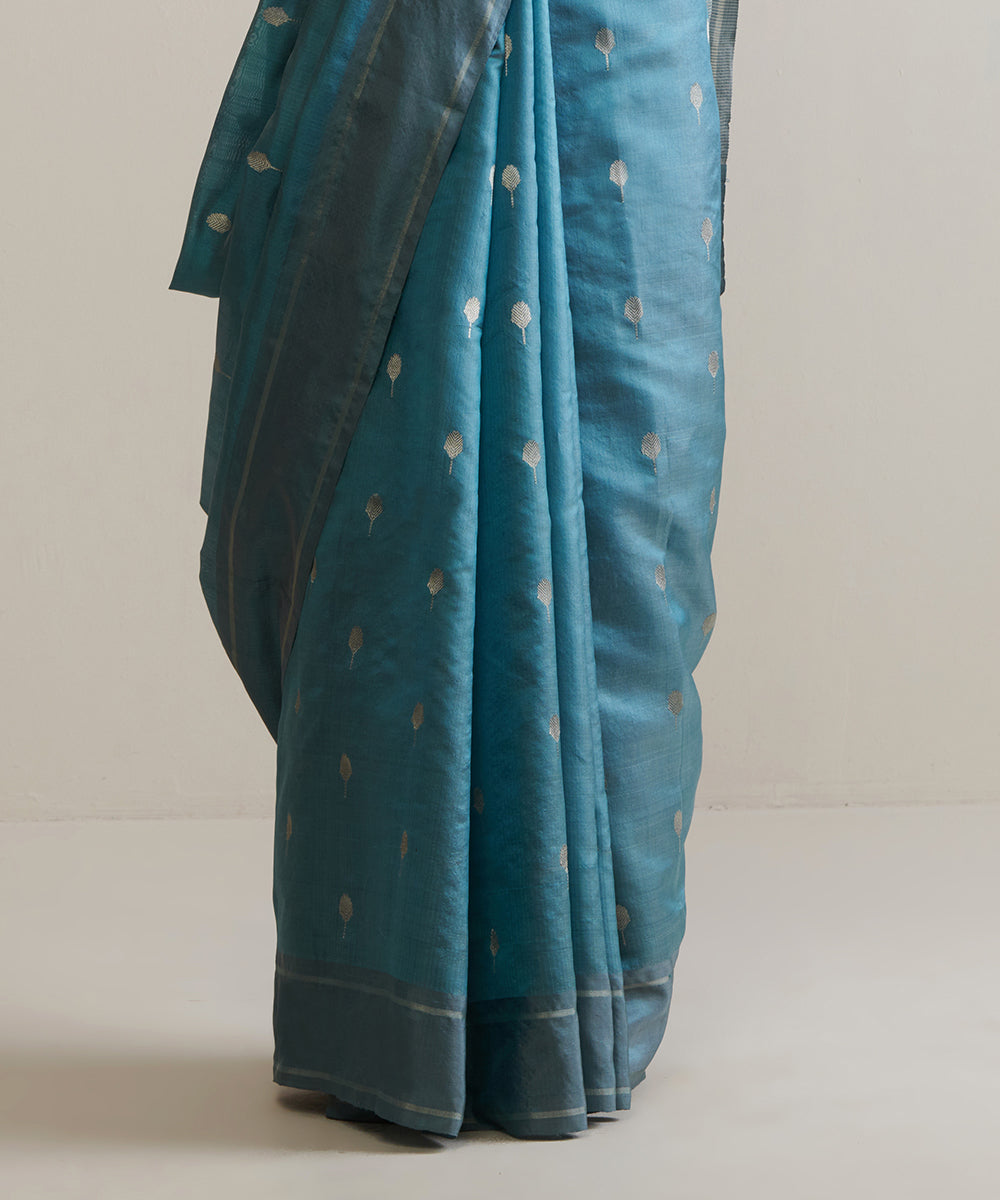 Pigeon_Blue_Handloom_Chanderi_Silk_Saree_With_Silver_Zari_Booti_WeaverStory_04