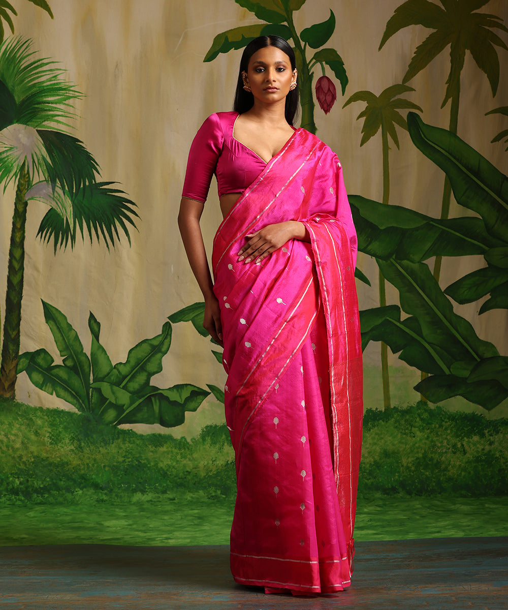 Handloom_Hot_Pink_Pure_Chanderi_Silk_Saree_With_Silver_Zari_Booti_WeaverStory_02