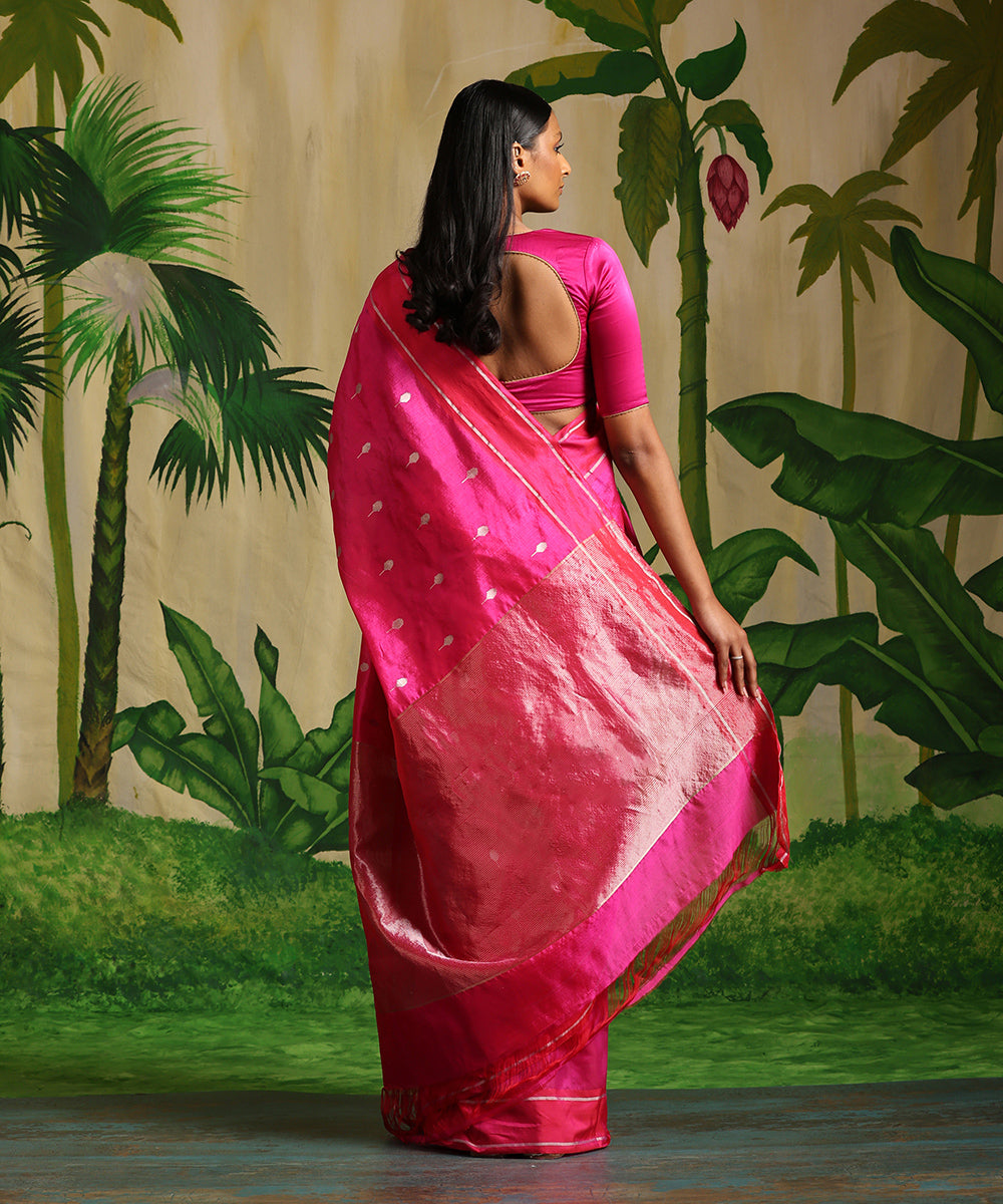 Handloom_Hot_Pink_Pure_Chanderi_Silk_Saree_With_Silver_Zari_Booti_WeaverStory_03