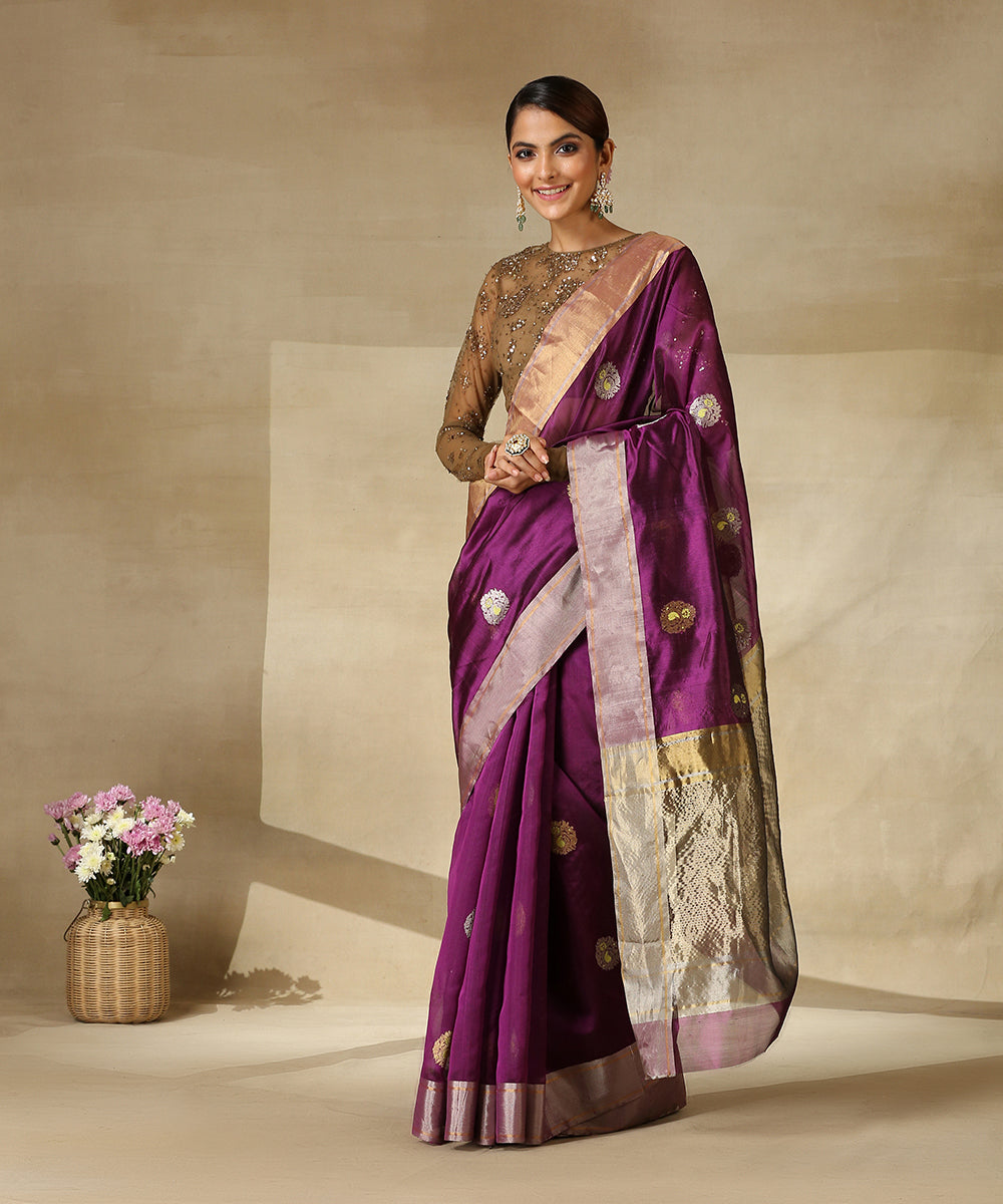Handloom_Purple_Pure_Silk_Chanderi_Saree_With_Eknaliya_Zari_Boota_WeaverStory_02