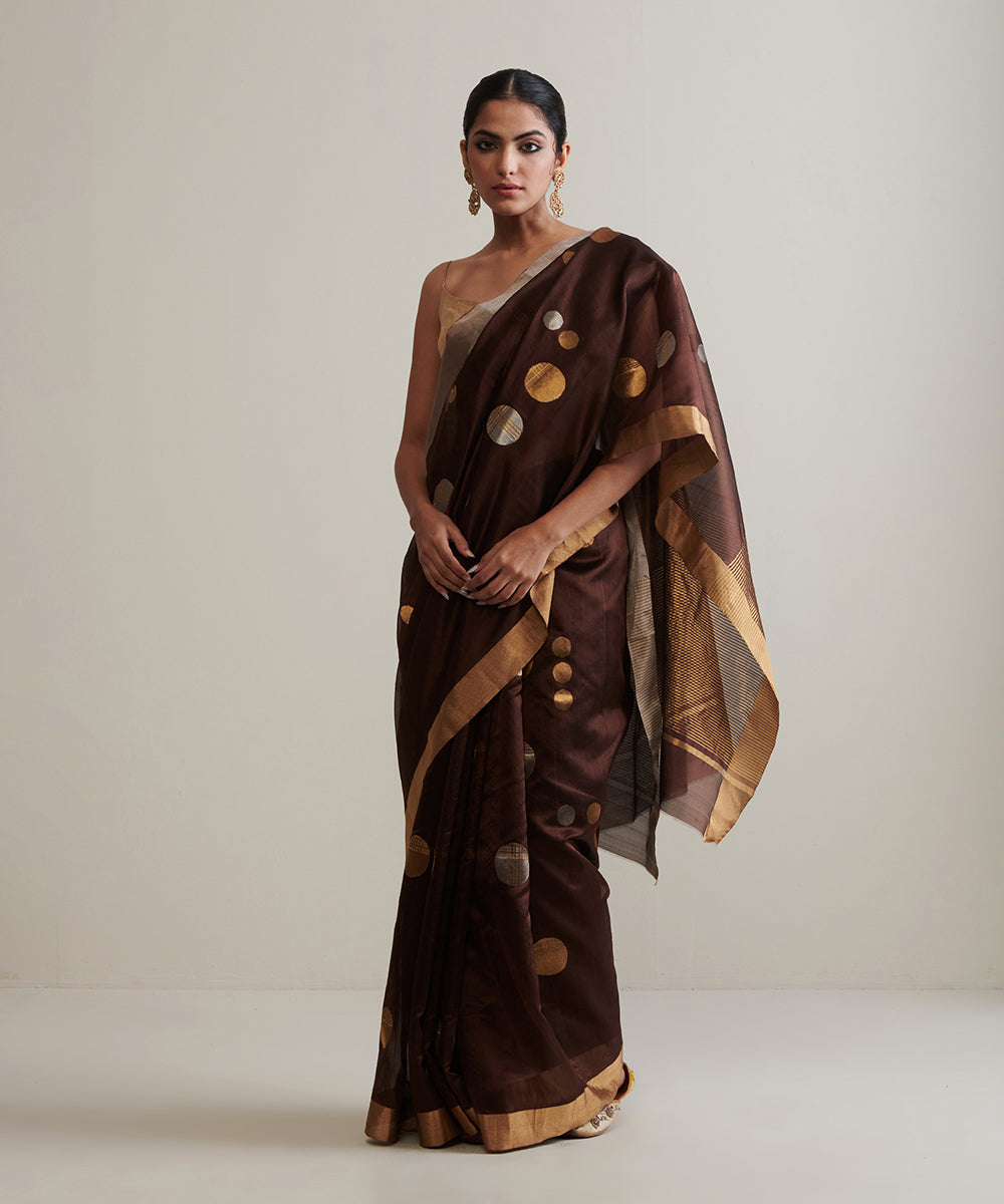 Dark_Brown_Handloom_Pure_Chanderi_Silk_Saree_With_Zari_Polka_Dots_WeaverStory_02