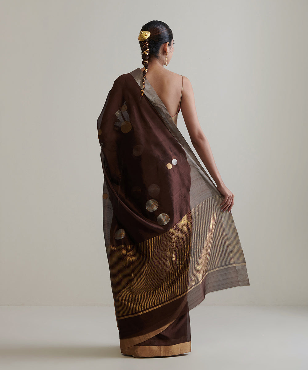 Dark_Brown_Handloom_Pure_Chanderi_Silk_Saree_With_Zari_Polka_Dots_WeaverStory_03