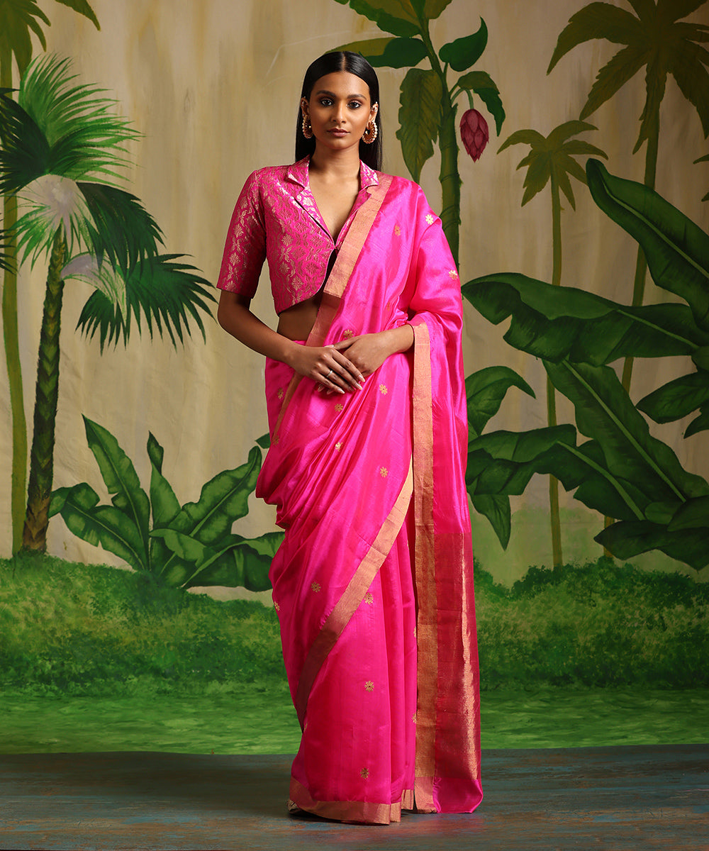 Handloom_Hot_Pink_Pure_Silk_Chanderi_Saree_With_Zari_Booti_WeaverStory_02