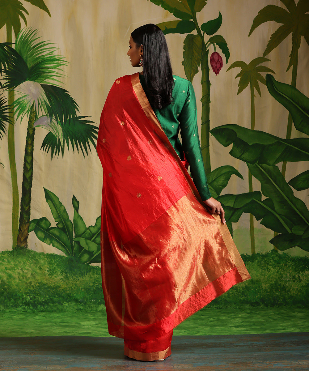 Handloom_Red_Pure_Silk_Chanderi_Saree_With_Zari_Booti_WeaverStory_03