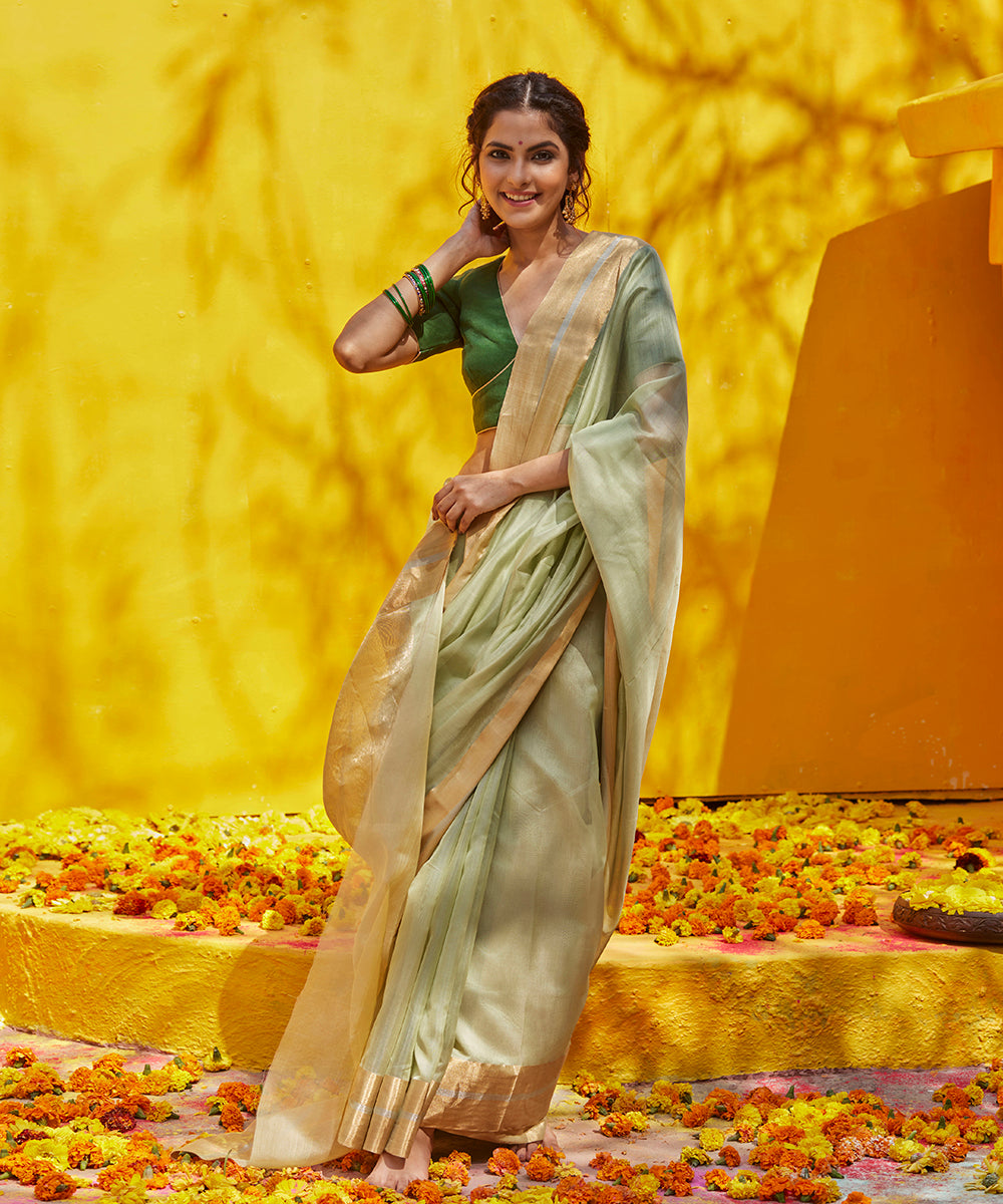 Pista_Green_Handloom_Plain_Cotton_Chanderi_Saree_With_Zari_Border_WeaverStory_02