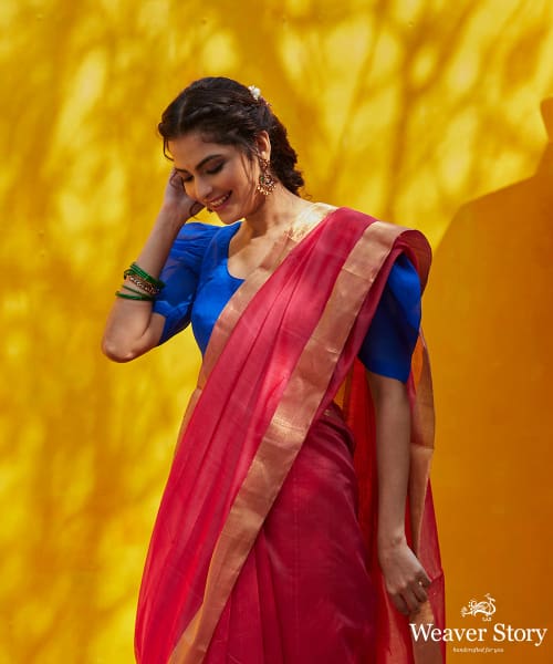 Pink_Dual_Tone_Handloom_Pure_Cotton_Chanderi_Saree_With_Zari_Border_WeaverStory_01