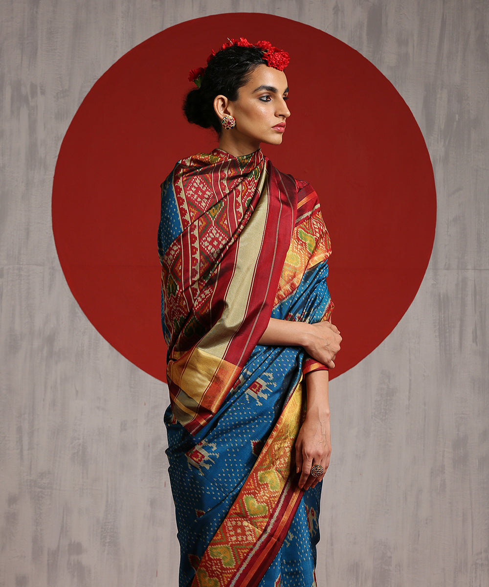 Handloom_Blue_Mulberry_Silk_Patola_Saree_With_Maroon_Pallu_And_Tissue_Border_WeaverStory_01