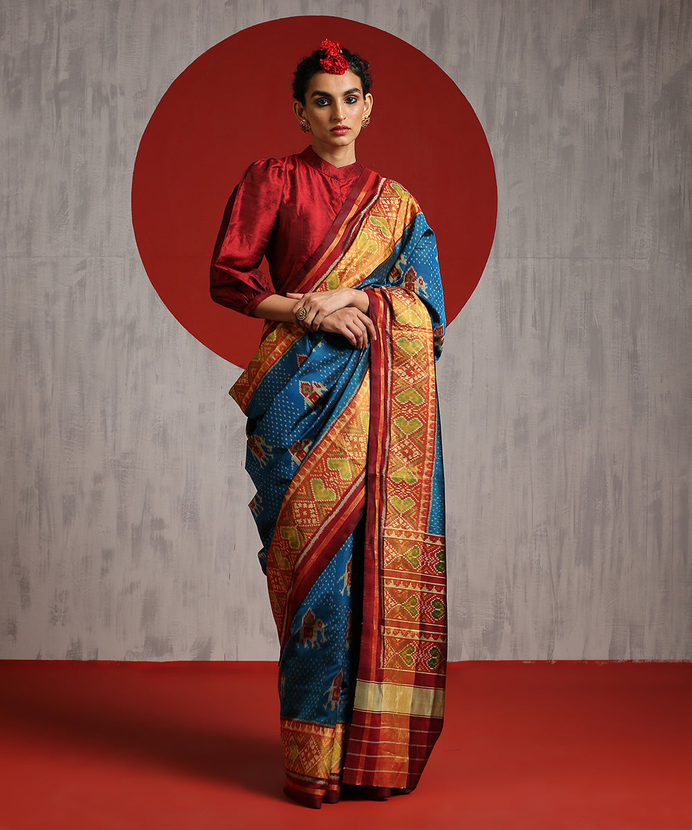 Handloom_Blue_Mulberry_Silk_Patola_Saree_With_Maroon_Pallu_And_Tissue_Border_WeaverStory_02
