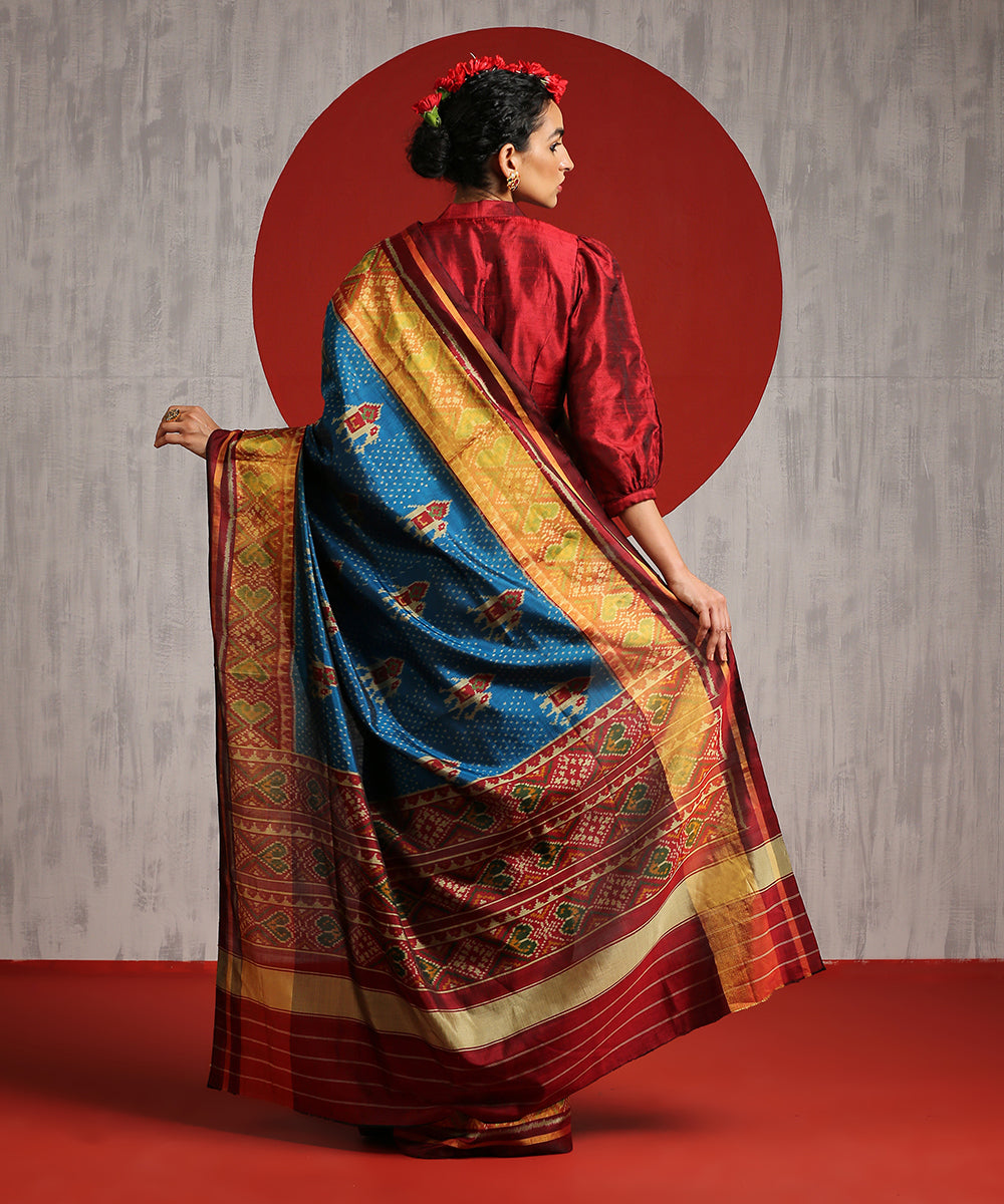 Handloom_Blue_Mulberry_Silk_Patola_Saree_With_Maroon_Pallu_And_Tissue_Border_WeaverStory_03