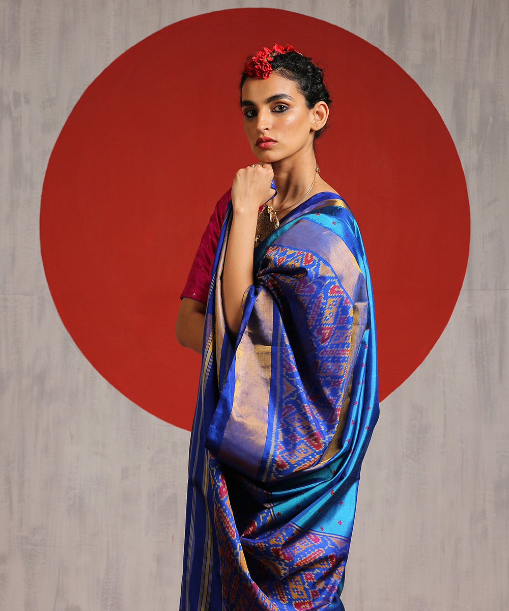 Cobalt_Blue_Handloom_Single_Ikat_Patola_Saree_With_Electric_Blue_Border_And_Pallu_WeaverStory_01