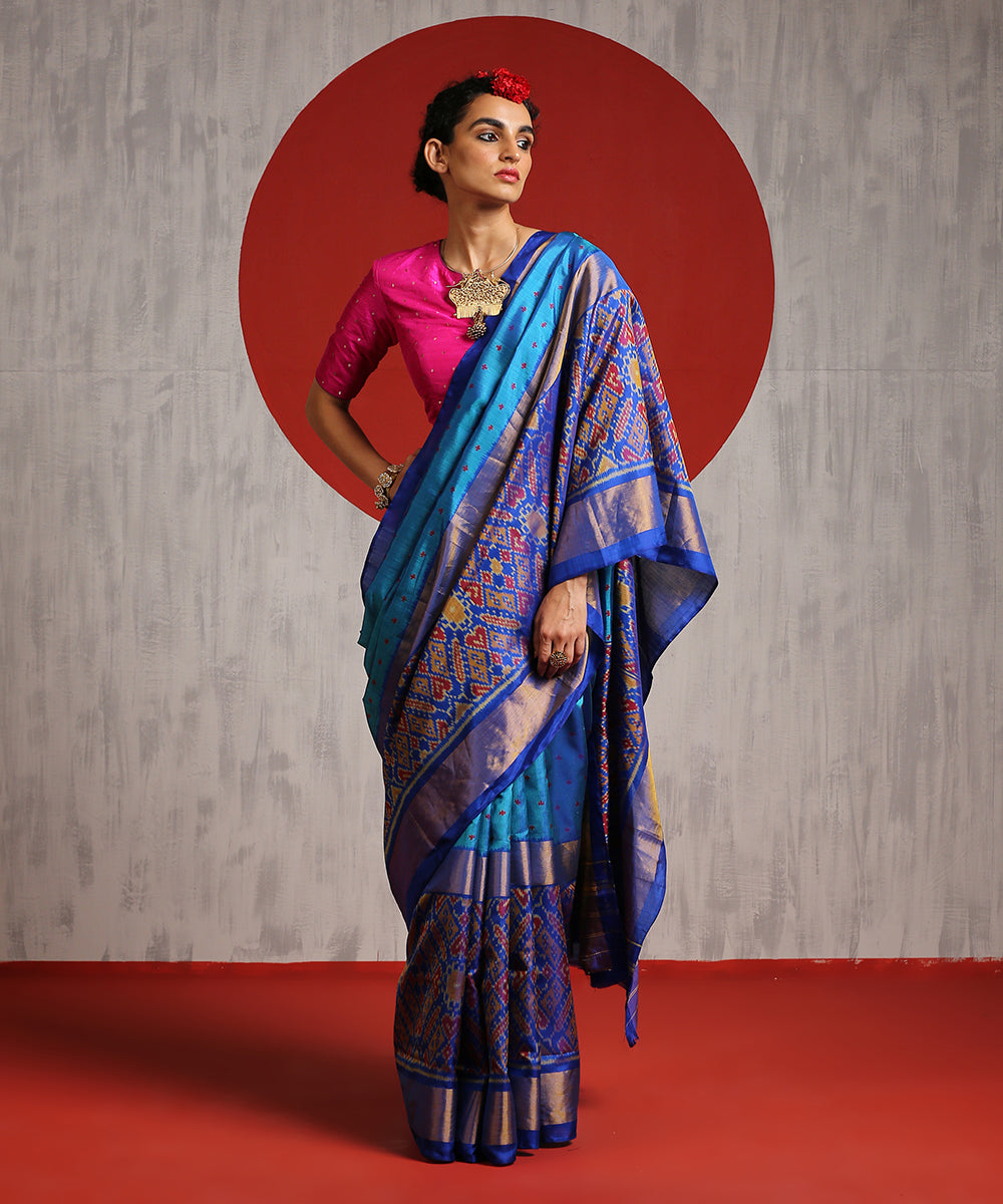 Cobalt_Blue_Handloom_Single_Ikat_Patola_Saree_With_Electric_Blue_Border_And_Pallu_WeaverStory_02