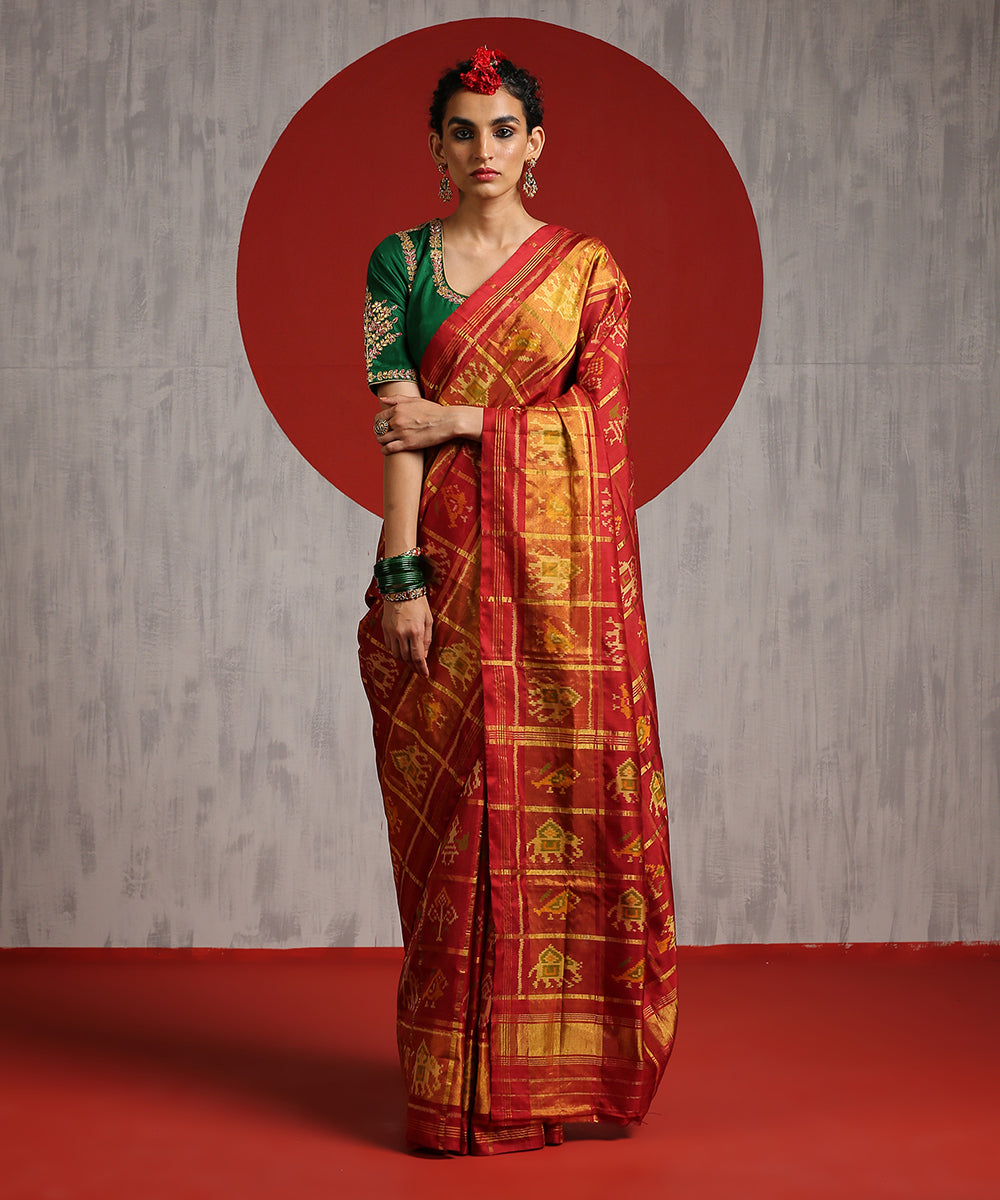 Handloom_Maroon_Mulberry_Silk_Single_Ikat_Patola_Saree_With_Checks_WeaverStory_02