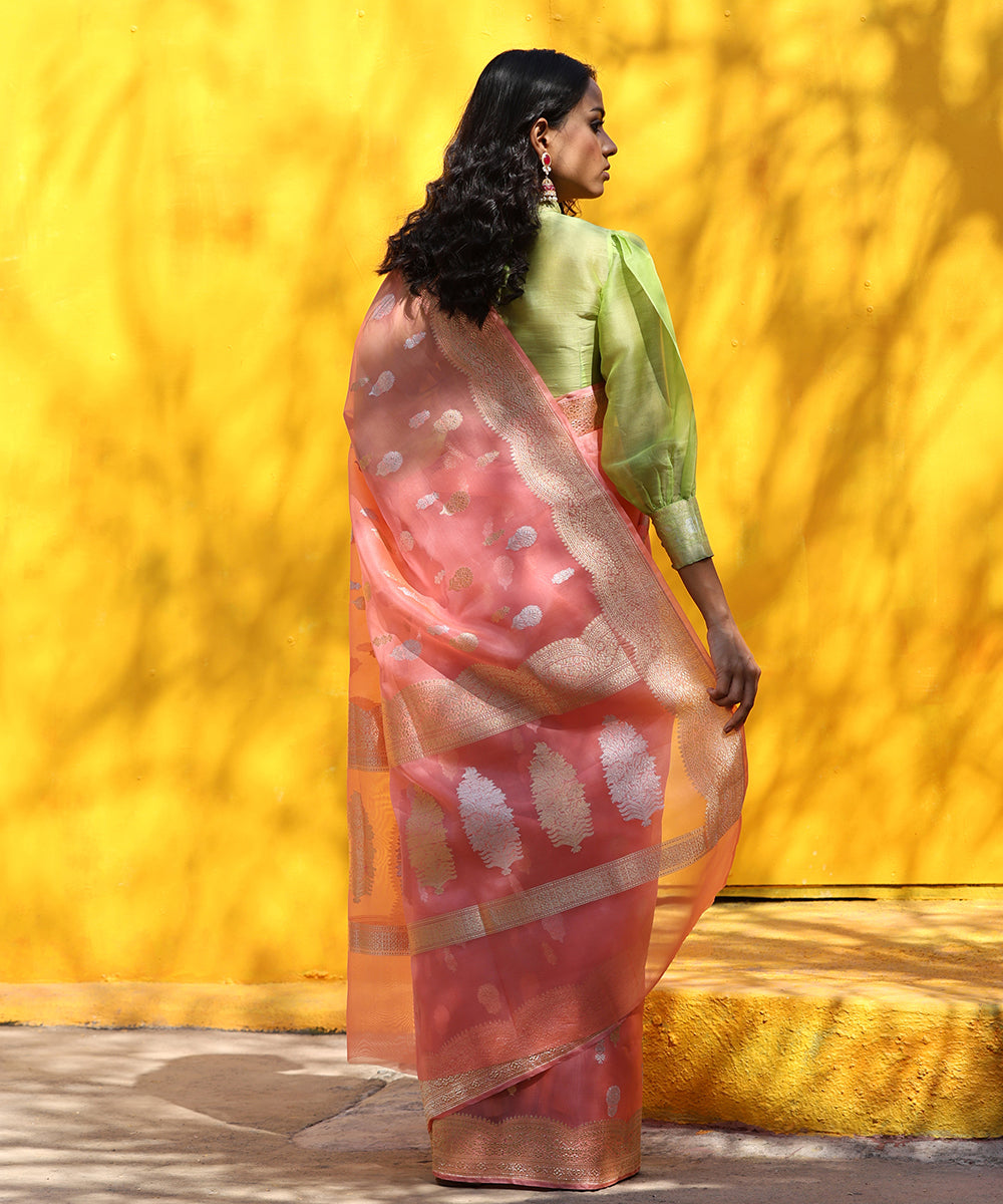 Peach_Handloom_Pure_Kora_Silk_Banarasi_Saree_With_Sona_Rupa_Zari_Booti_WeaverStory_03