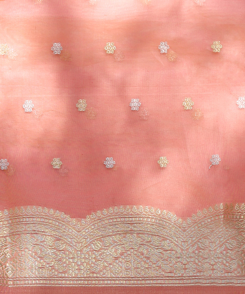 Peach_Handloom_Pure_Kora_Silk_Banarasi_Saree_With_Sona_Rupa_Zari_Booti_WeaverStory_05