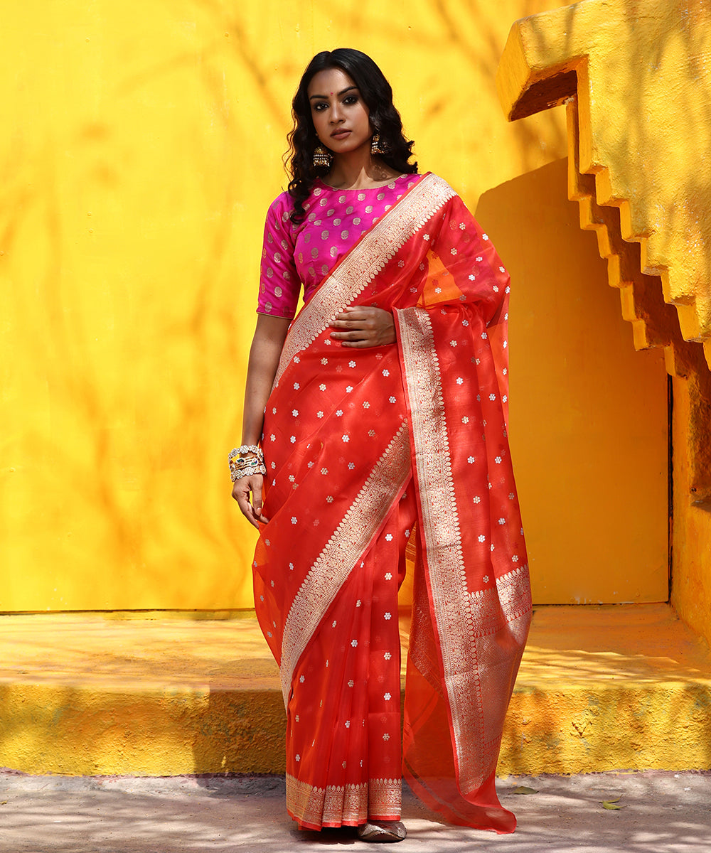 Handloom_Orange_Pure_Kora_Silk_Banarasi_Saree_With_Sona_Rupa_Zari_Booti_WeaverStory_02