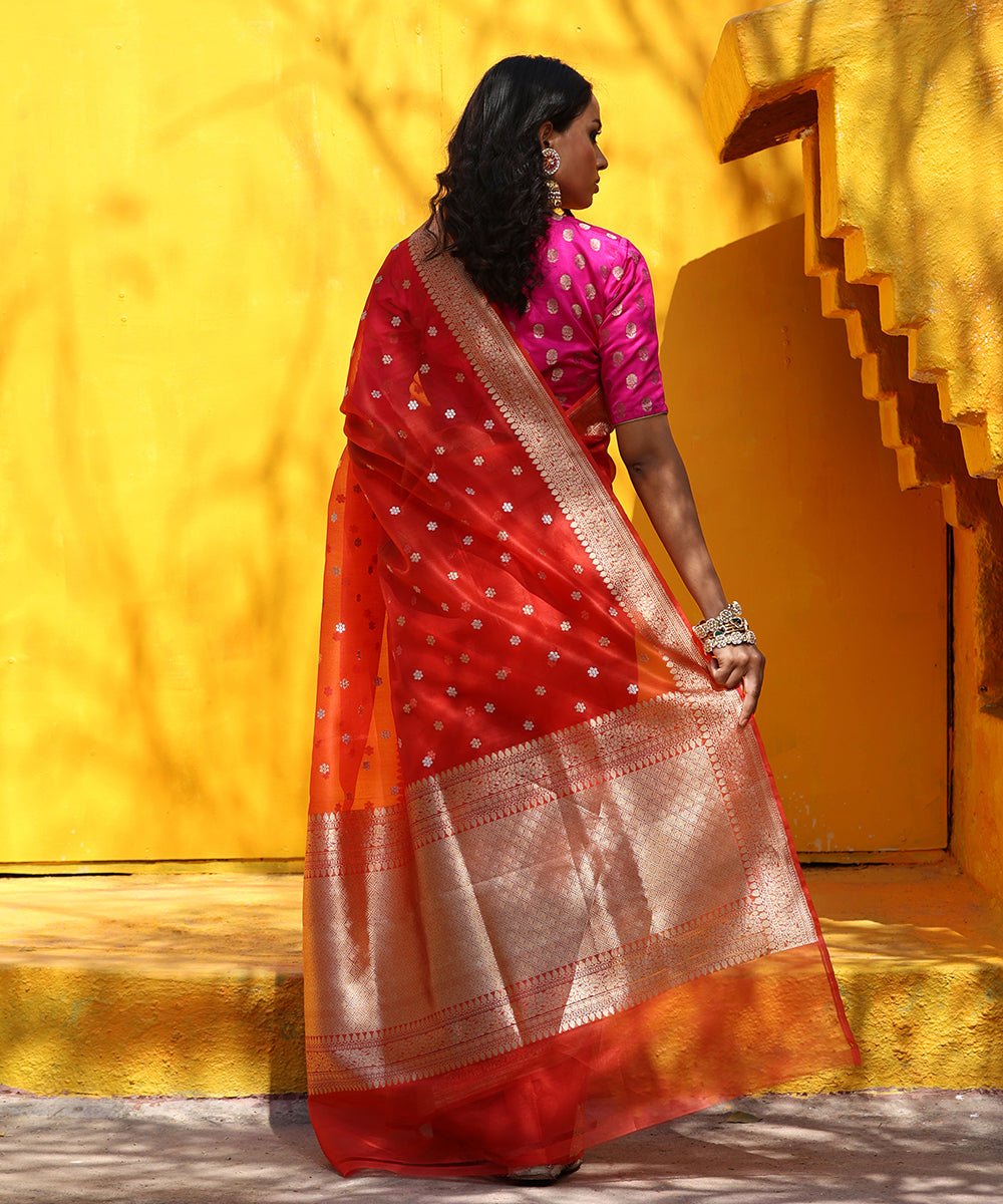 Handloom_Orange_Pure_Kora_Silk_Banarasi_Saree_With_Sona_Rupa_Zari_Booti_WeaverStory_03