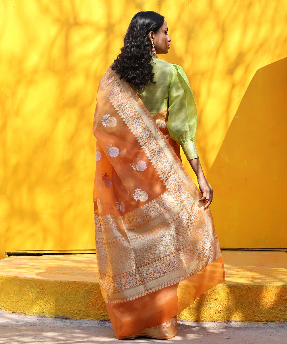Handloom_Saffron_Pure_Kora_Silk_Banarasi_Saree_With_And_Kadhwa_Border_WeaverStory_03