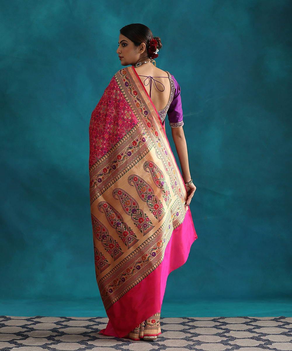 Hot_Pink_Handloom_Double_Warp_Meenakari_Patola_Saree_With_Paithani_Peacock_Border_WeaverStory_03