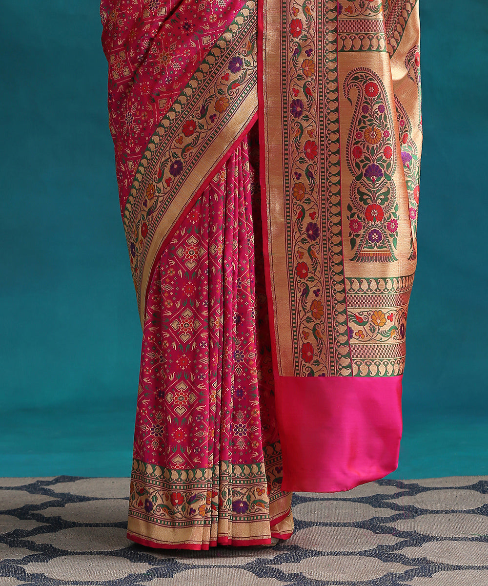 Hot_Pink_Handloom_Double_Warp_Meenakari_Patola_Saree_With_Paithani_Peacock_Border_WeaverStory_04