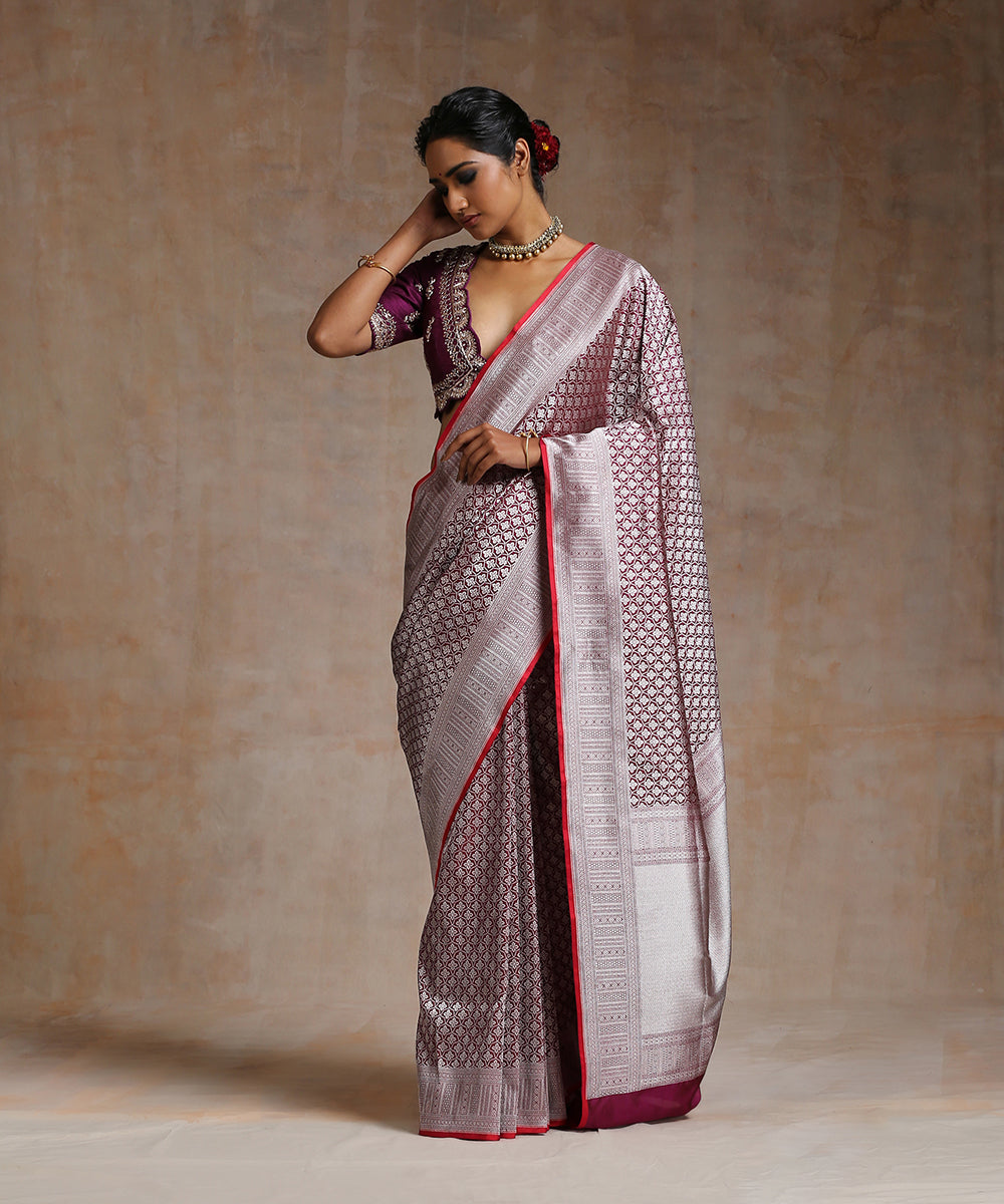 Wine_Handloom_Pure_Katan_Silk_Banarasi_Saree_With_Silver_Zari_WeaverStory_02