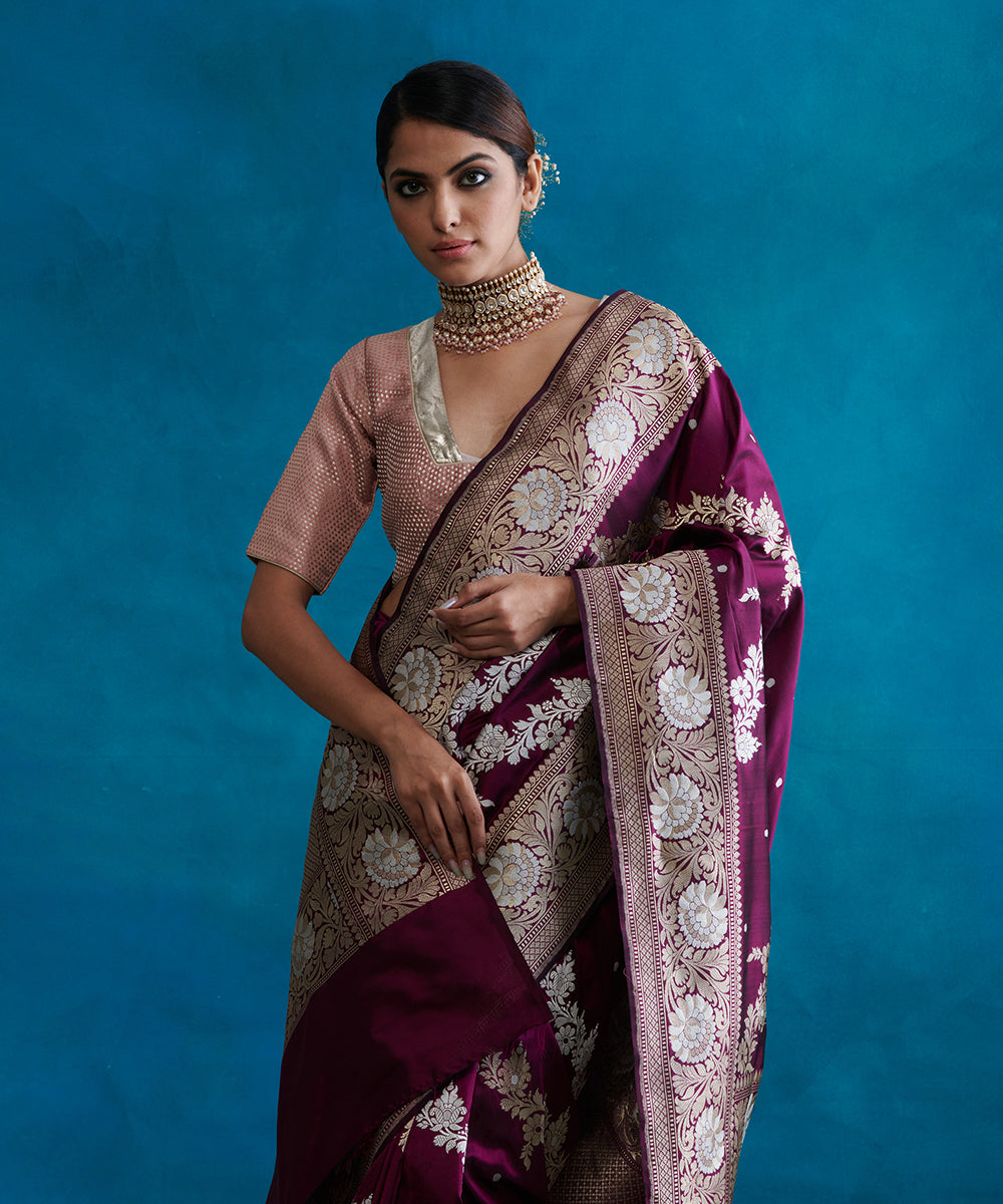 Handloom_Plum_Pure_Katan_Silk_Banarasi_Saree_With_Sona_Rupa_Aada_Jaal_WeaverStory_01