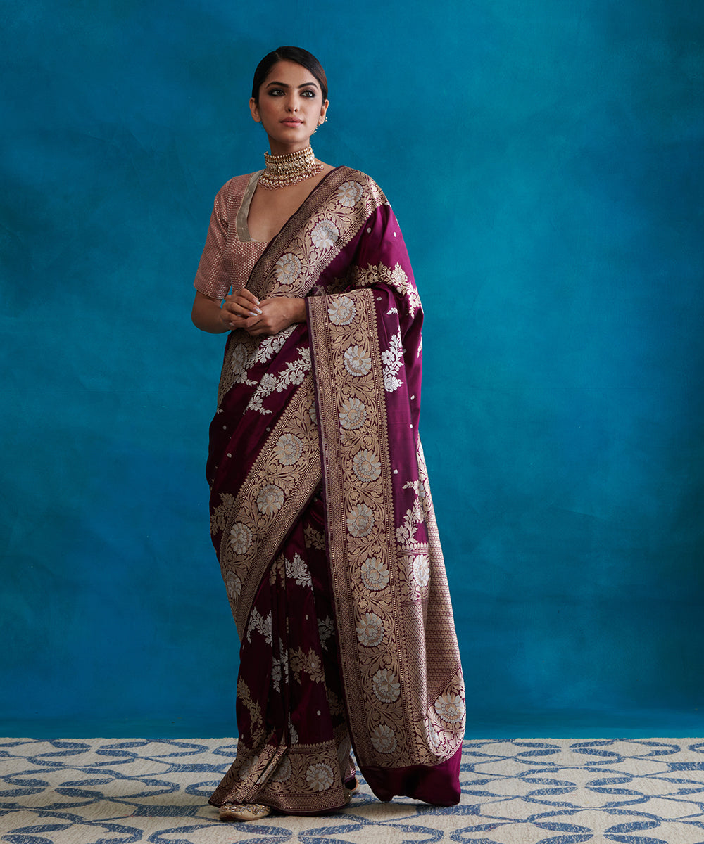 Handloom_Plum_Pure_Katan_Silk_Banarasi_Saree_With_Sona_Rupa_Aada_Jaal_WeaverStory_02