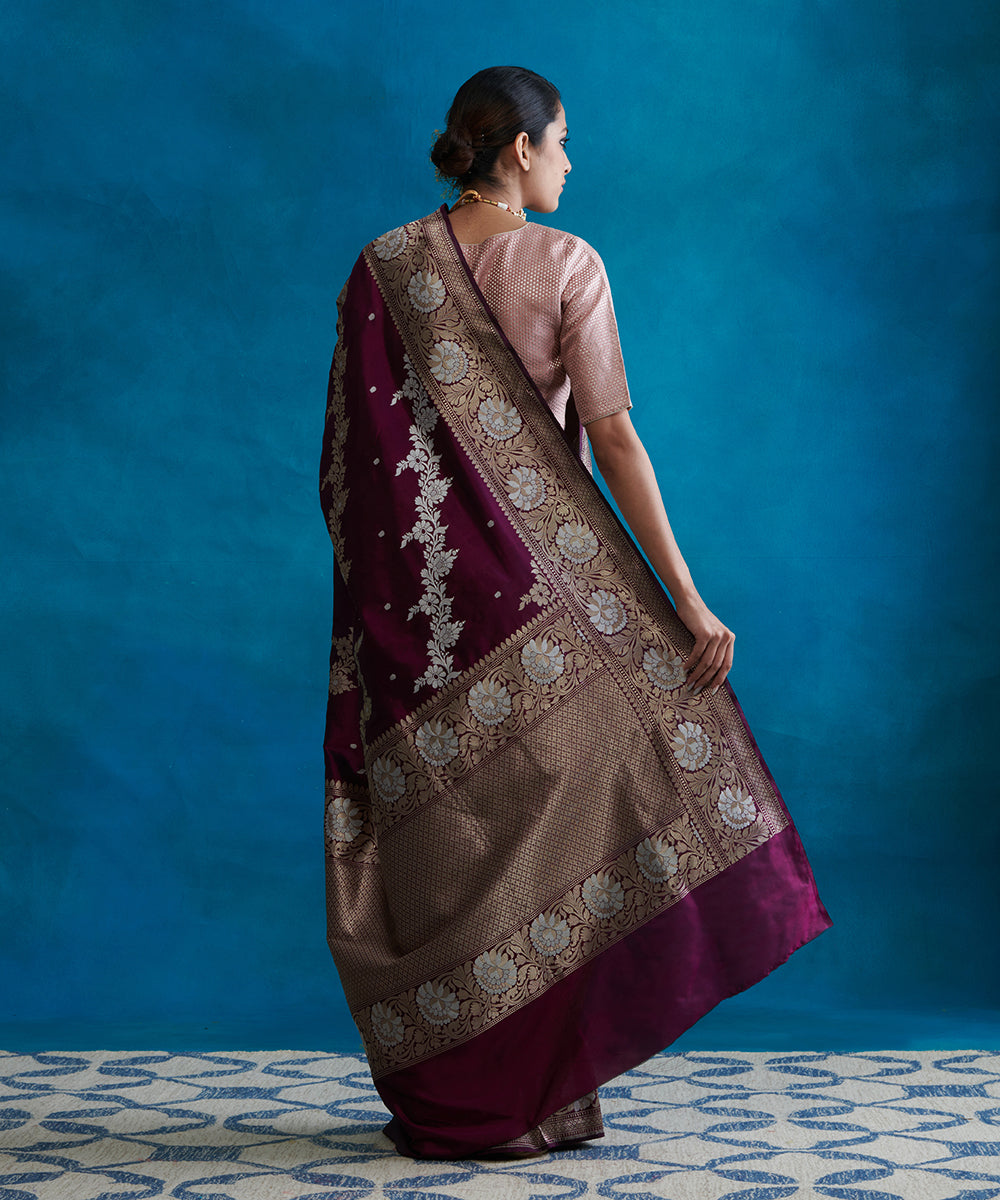 Handloom_Plum_Pure_Katan_Silk_Banarasi_Saree_With_Sona_Rupa_Aada_Jaal_WeaverStory_03