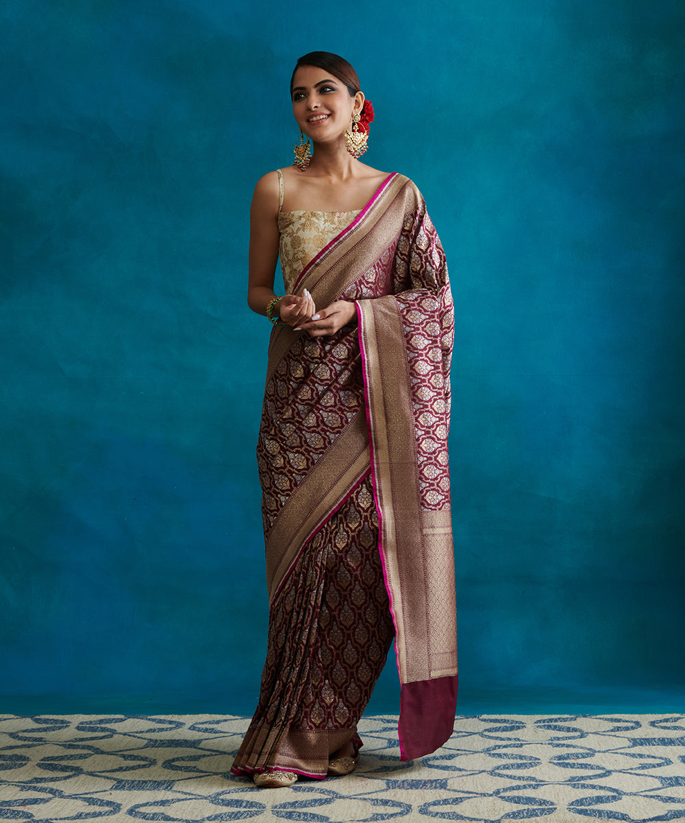Wine_Handloom_Pure_Katan_Silk_Banarasi_Saree_With_Cutwork_Sona_Rupa_Jaal_WeaverStory_02