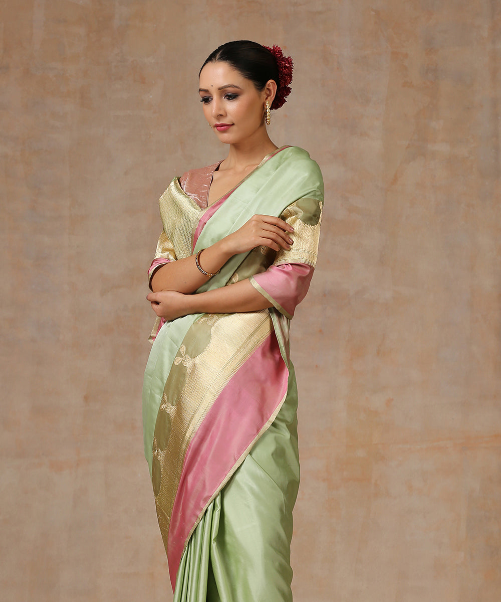 Pista Green Woven Satin Silk Saree With Contrast Brocade Blouse – Zari  Banaras