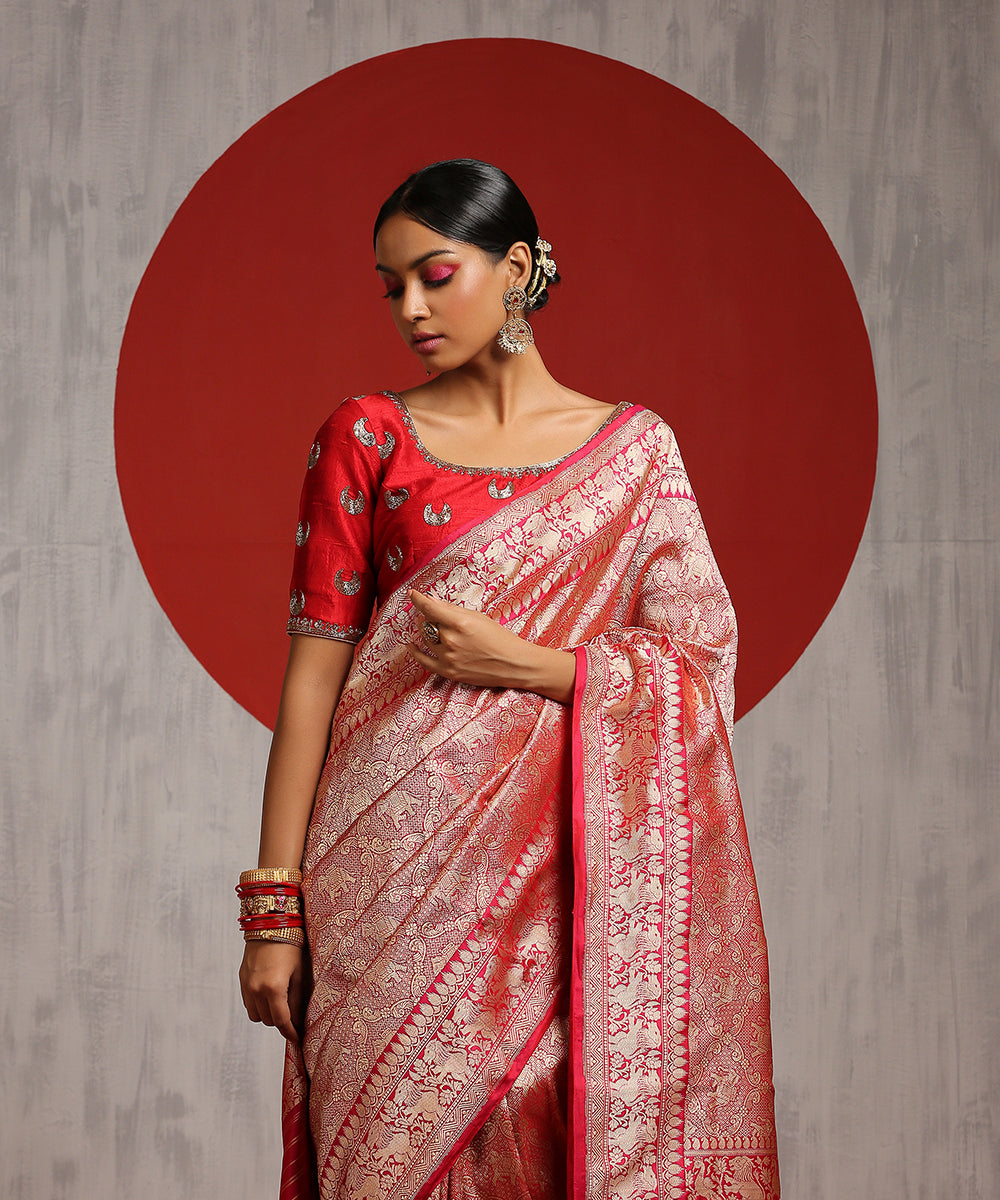 Pink_Handloom_Brocade_Katan_Silk_Shikargah_Saree_With_Lion_Border_WeaverStory_01