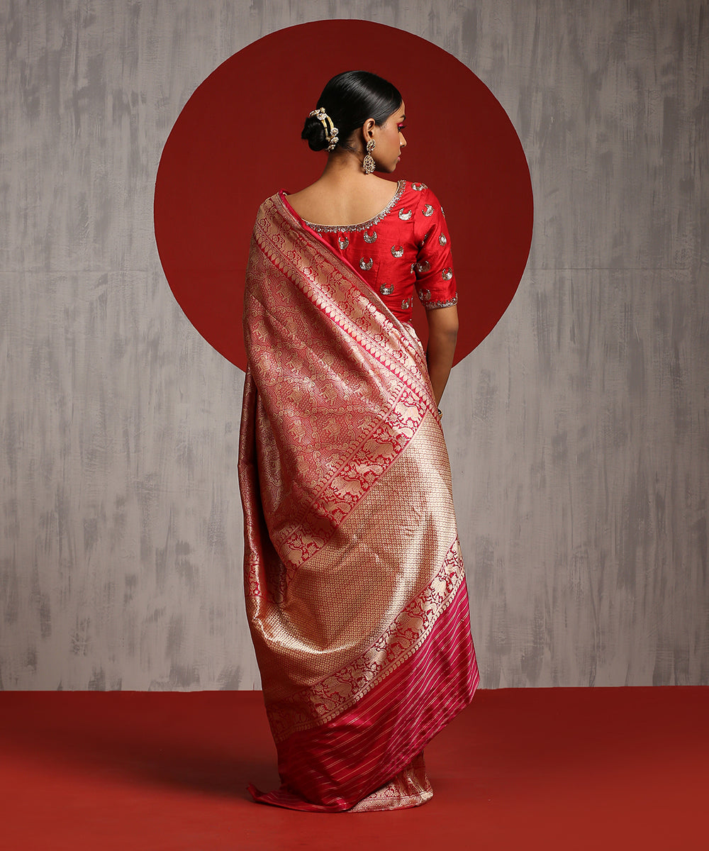 Pink_Handloom_Brocade_Katan_Silk_Shikargah_Saree_With_Lion_Border_WeaverStory_03