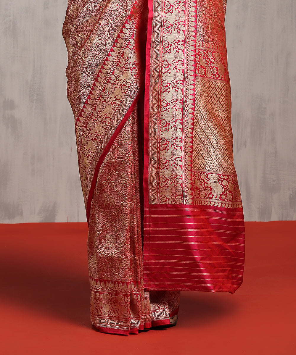 Pink_Handloom_Brocade_Katan_Silk_Shikargah_Saree_With_Lion_Border_WeaverStory_04