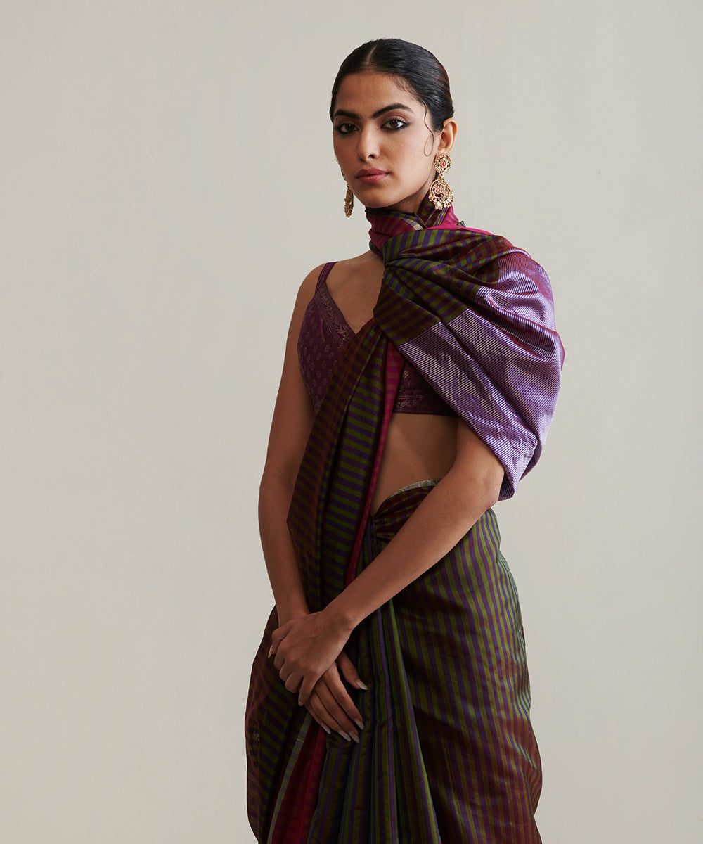 Purple_And_Green_Handloom_Pure_Chanderi_Silk_Saree_With_Stripes_And_Big_Border_WeaverStory_01
