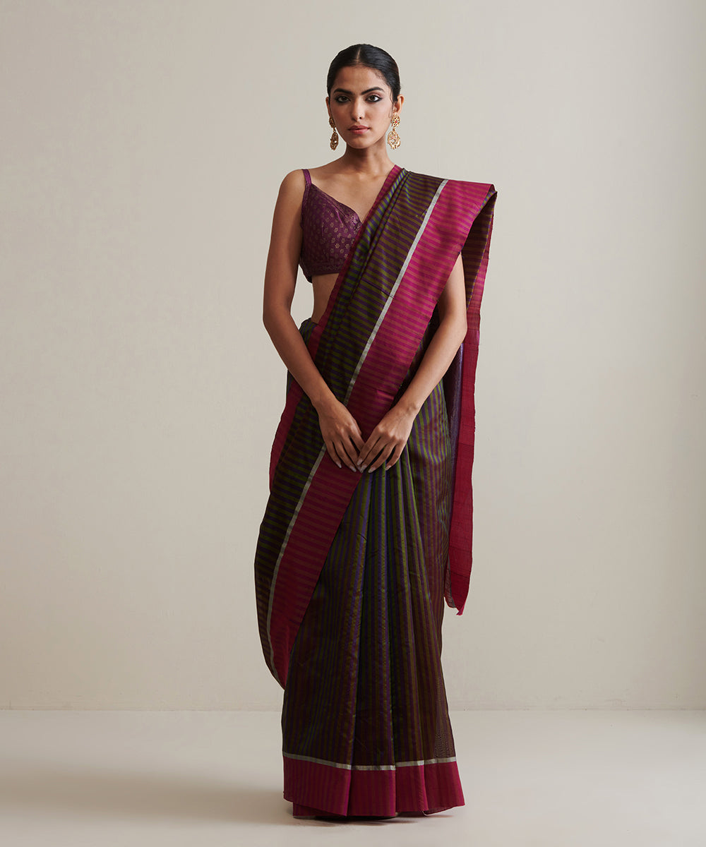 Purple_And_Green_Handloom_Pure_Chanderi_Silk_Saree_With_Stripes_And_Big_Border_WeaverStory_02