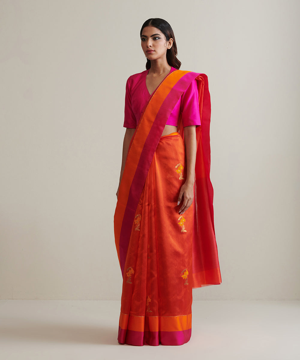 Handloom_Orange_Pure_Chanderi_Silk_Saree_With_Mughal_Booti_WeaverStory_02