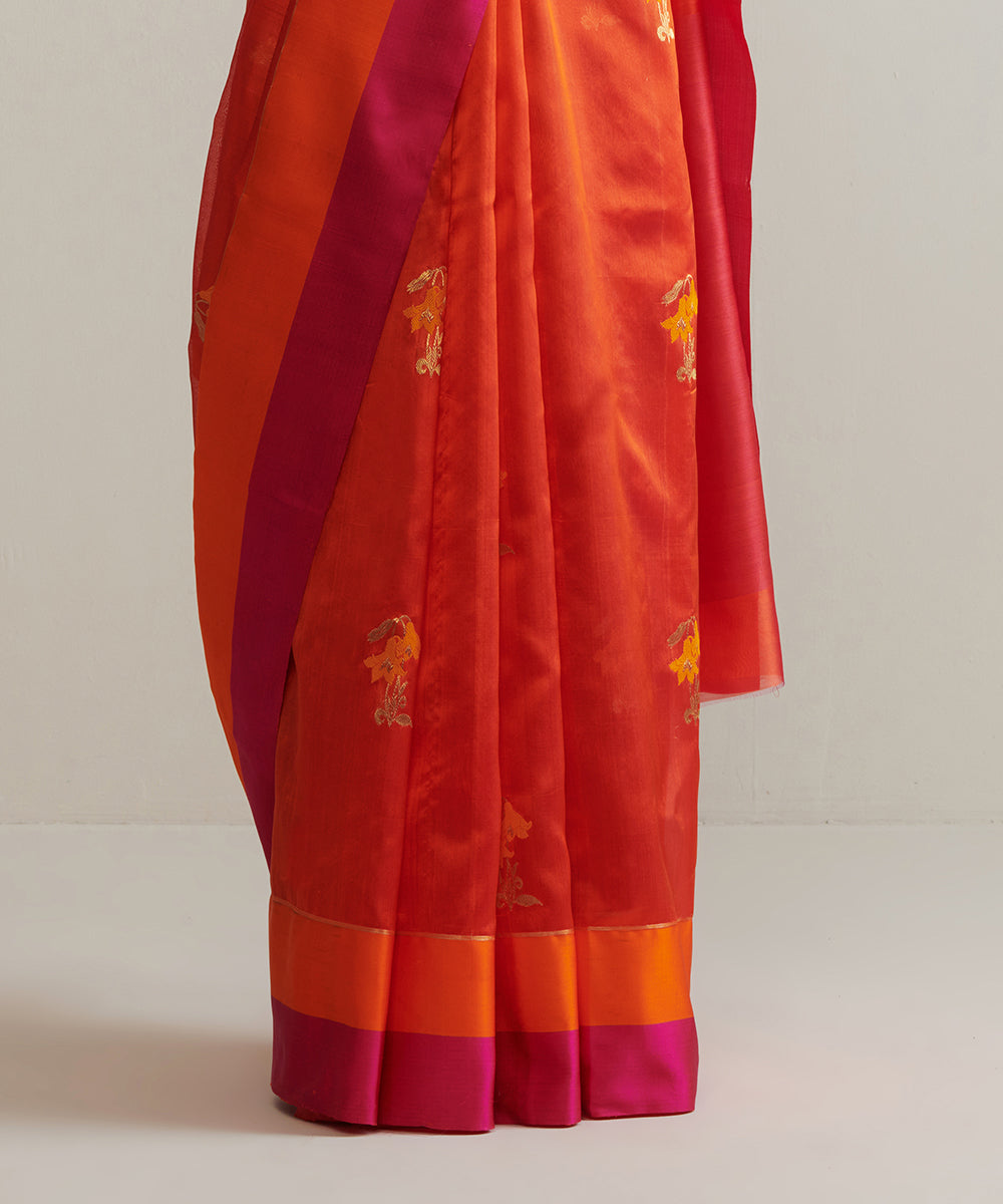 Handloom_Orange_Pure_Chanderi_Silk_Saree_With_Mughal_Booti_WeaverStory_04