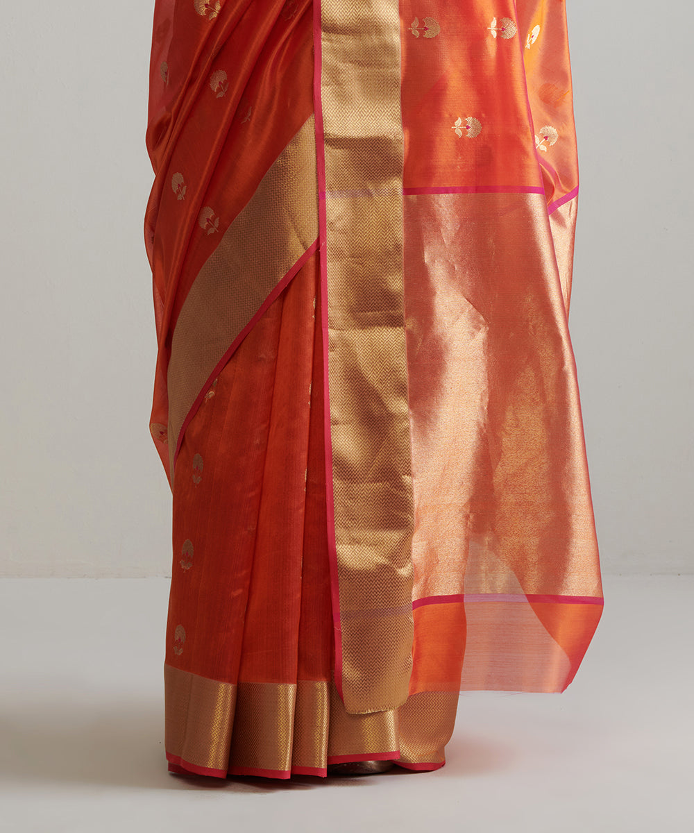 Orange_Handloom_Pure_Chanderi_Silk_Saree_With_Nakshi_Border_WeaverStory_04