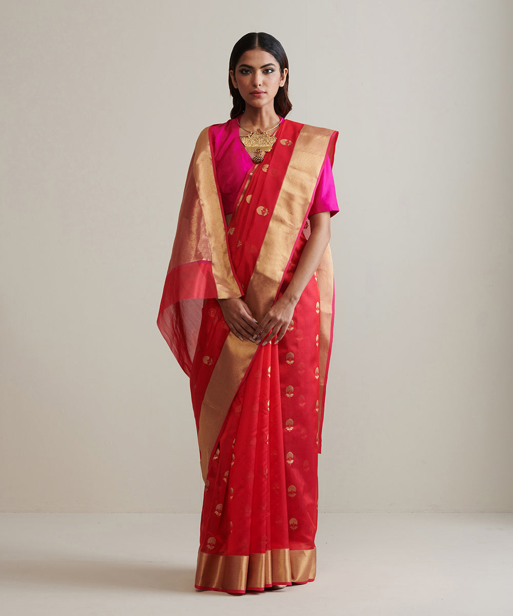 Handloom_Red_Pure_Chanderi_Silk_Saree_With_Nakshi_Border_WeaverStory_02