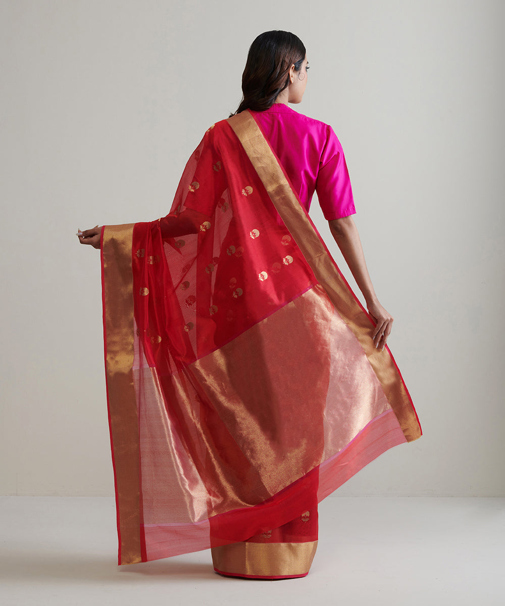 Handloom_Red_Pure_Chanderi_Silk_Saree_With_Nakshi_Border_WeaverStory_03