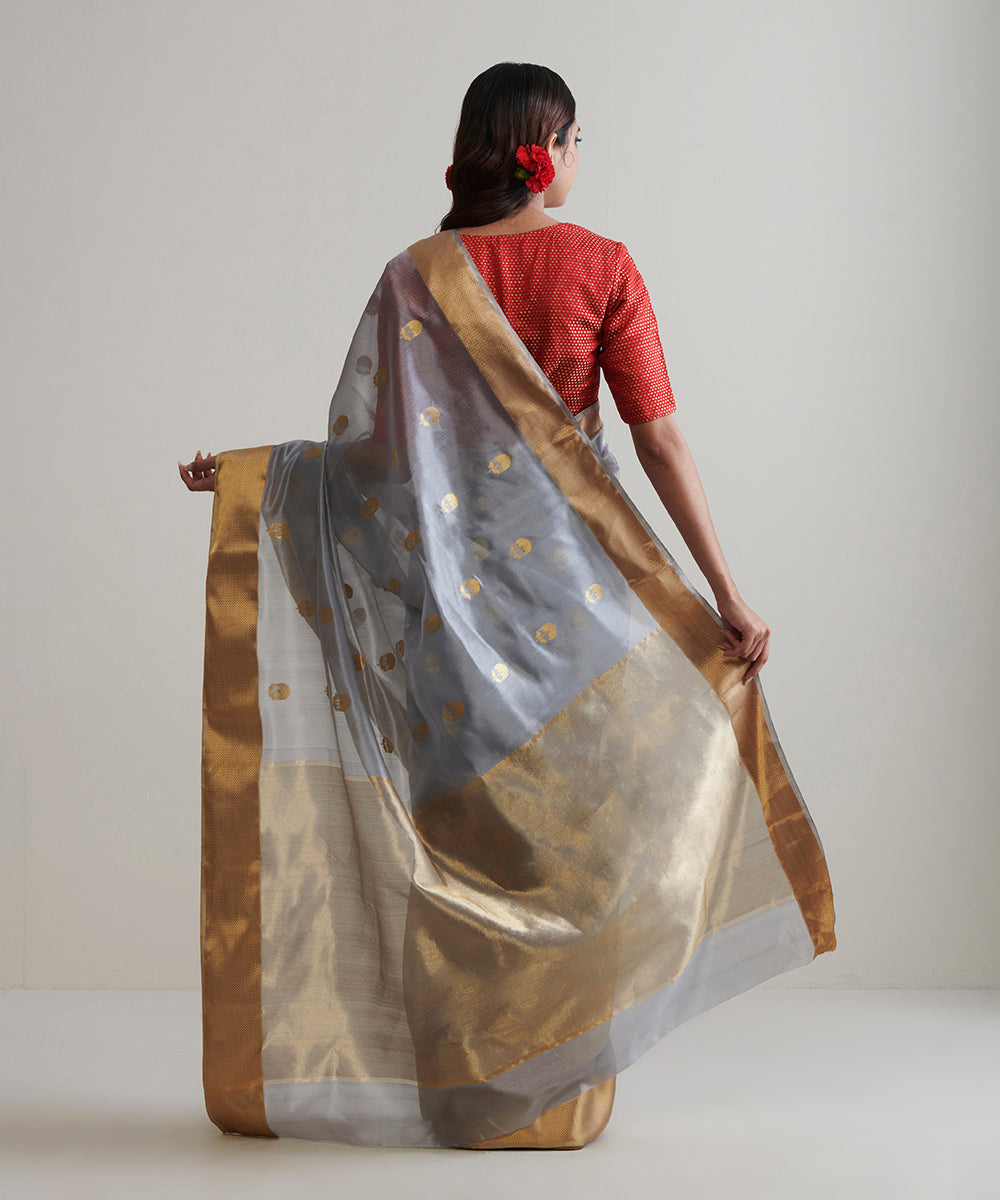 Grey_Handloom_Pure_Chanderi_Silk_Saree_With_Nakshi_Gold_Border_WeaverStory_03