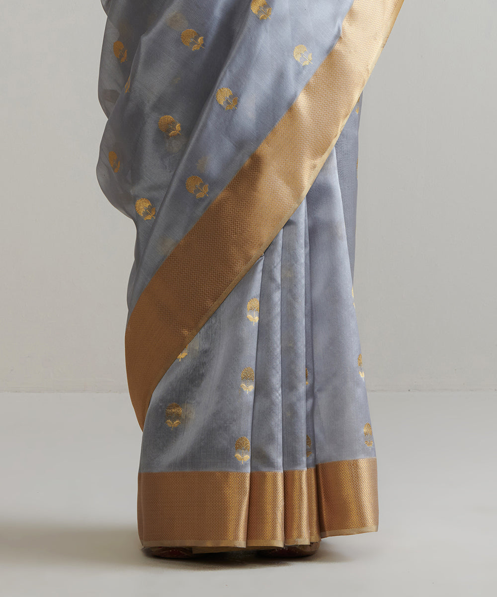 Grey_Handloom_Pure_Chanderi_Silk_Saree_With_Nakshi_Gold_Border_WeaverStory_04