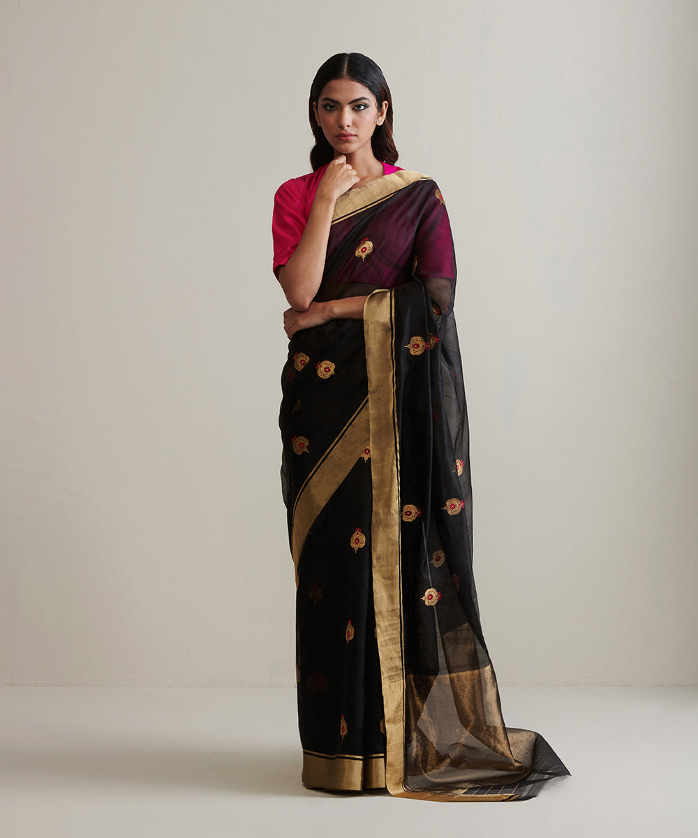 Black_Handloom_Pure_Chanderi_Silk_Saree_With_Meena_Booti_WeaverStory_02