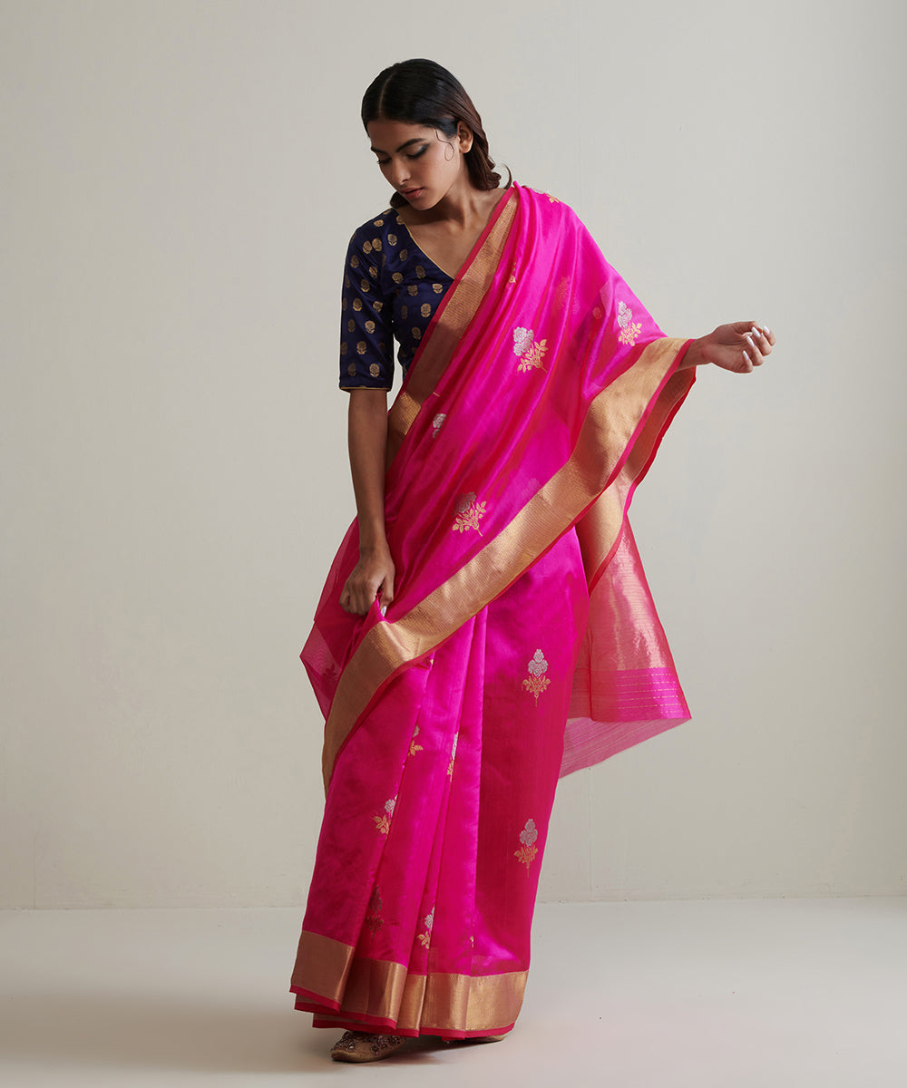 Rani_Pink_Handloom_Pure_Chanderi_Silk_Saree_With_Nakshi_Border_And_Gulab_Booti_WeaverStory_02
