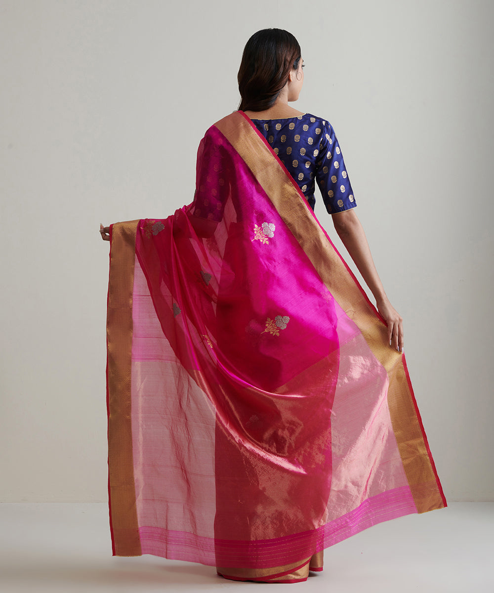 Rani_Pink_Handloom_Pure_Chanderi_Silk_Saree_With_Nakshi_Border_And_Gulab_Booti_WeaverStory_03