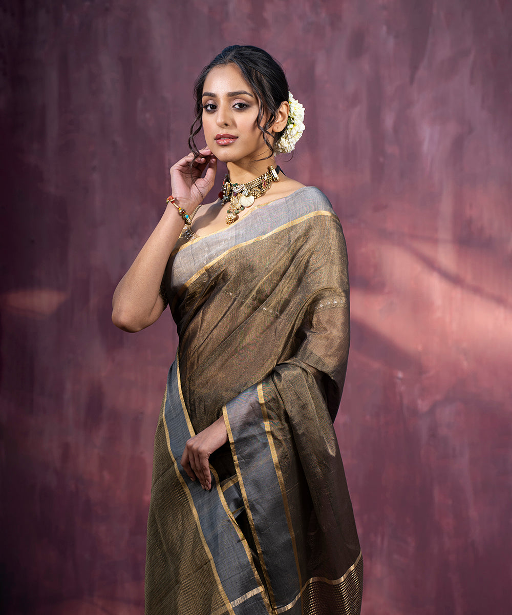 Brown_And_Grey_Handloom_Tissue_chanderi_Silk_Saree_With_Contrast_Woven_Border_WeaverStory_01