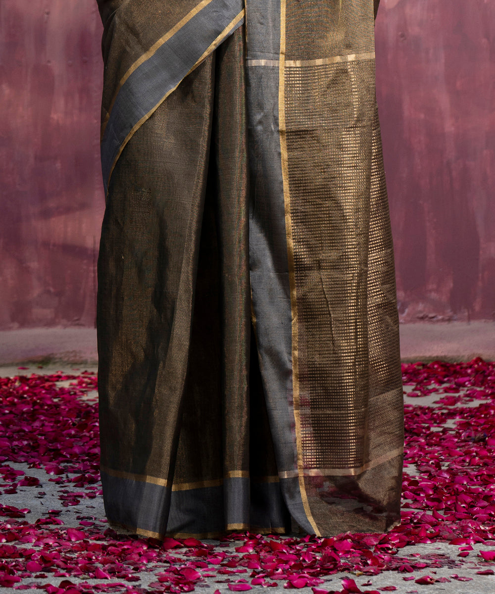Brown_And_Grey_Handloom_Tissue_chanderi_Silk_Saree_With_Contrast_Woven_Border_WeaverStory_04
