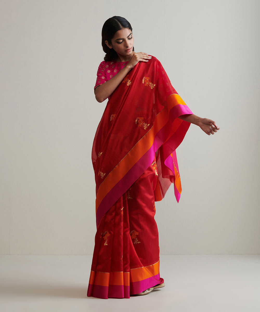 Red_Pure_Silk_Handloom_Pure_Chanderi_Silk_Saree_With_Mashroo_Border_And_Floral_Motifs_WeaverStory_02